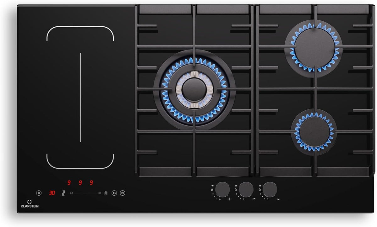 Klarstein MultiChef 5 Plaque Induction Et Gaz - 5 Zones, Flexzone, 10,6 Kw, Commande À Glissière, StopGo, Minuterie, Noir, 87,5 Cm(Noir)