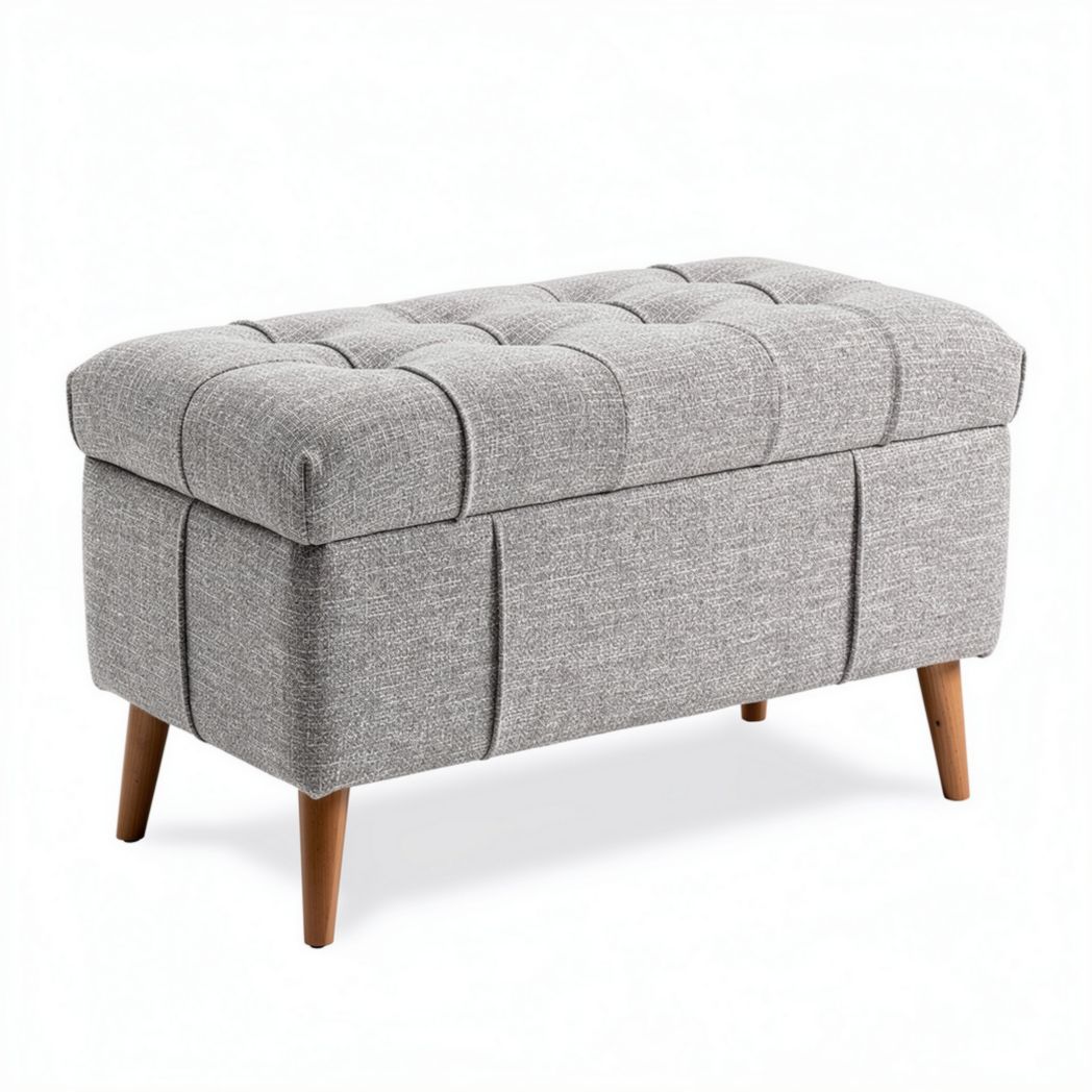 Pouf de rangement en tissu gris avec pieds en bois 80 x 40 x 45cm
