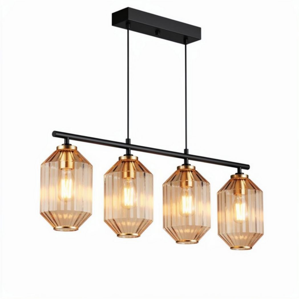 Suspension en métal noir avec abat-jours en verre strié doré 60 x 20 x 30cm
