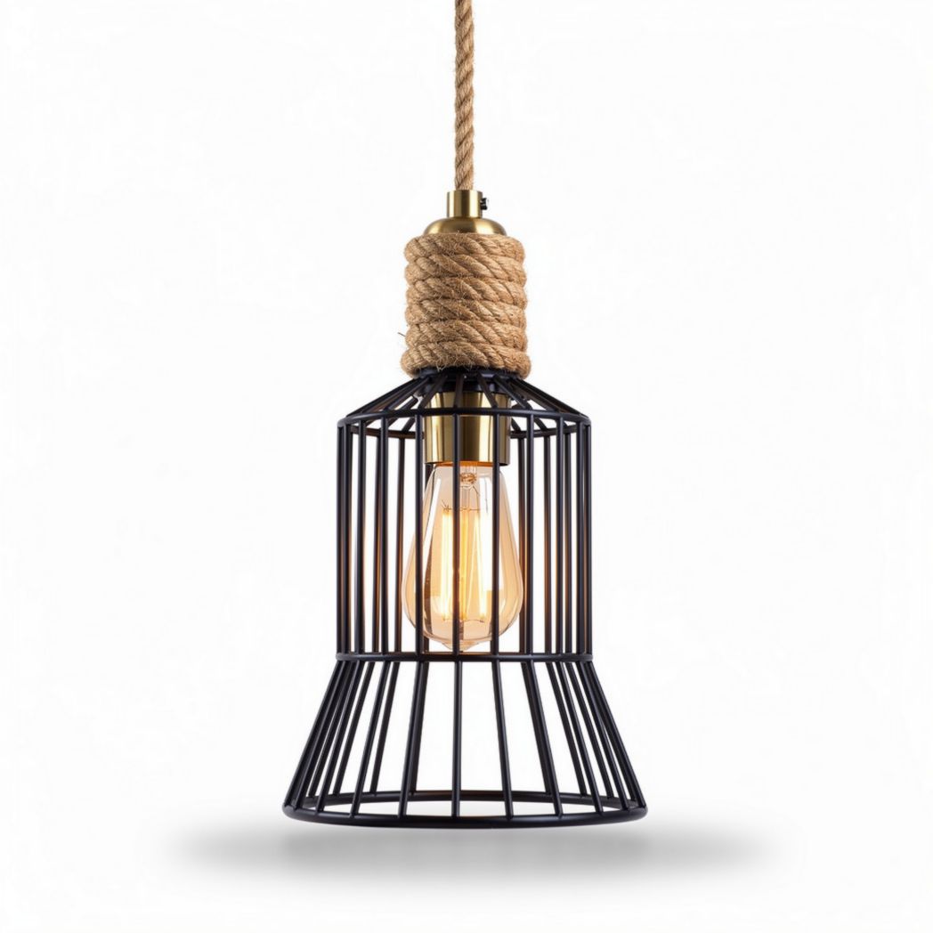 Suspension en métal noir avec cordage naturel et ampoule Edison 25 x 25 x 40cm