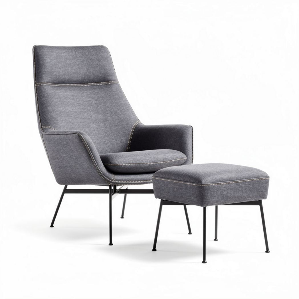 Fauteuil en tissu gris avec pouf dimensions 80 x 70 x 100cm