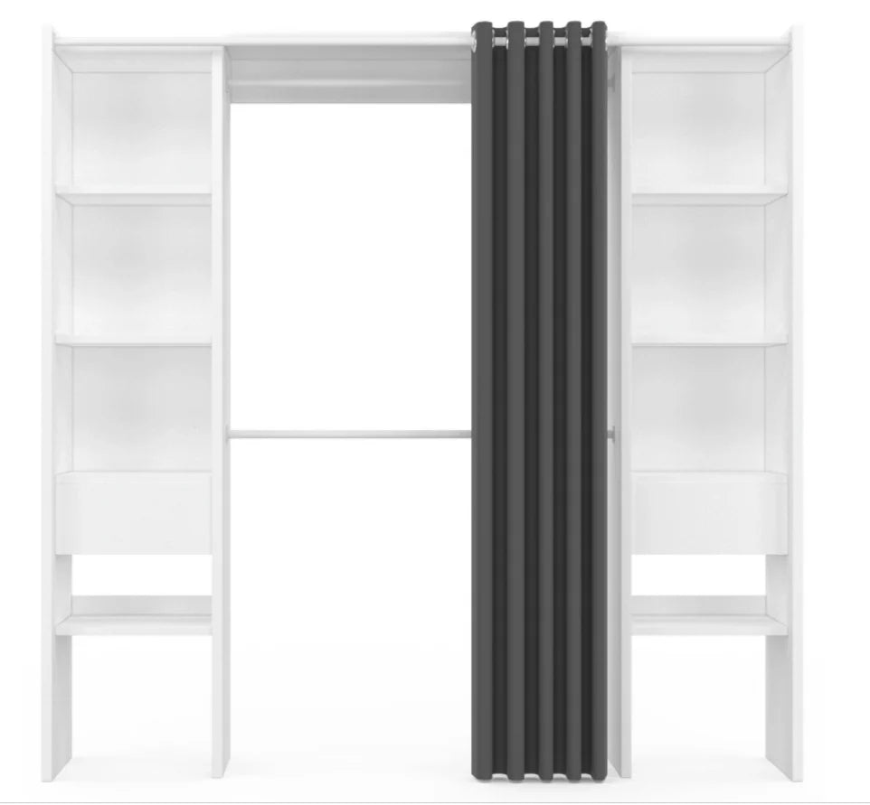 Dressing Extensible Blanc  Gris avec Rideau - tagres - Double Penderie -(Titre par défaut)