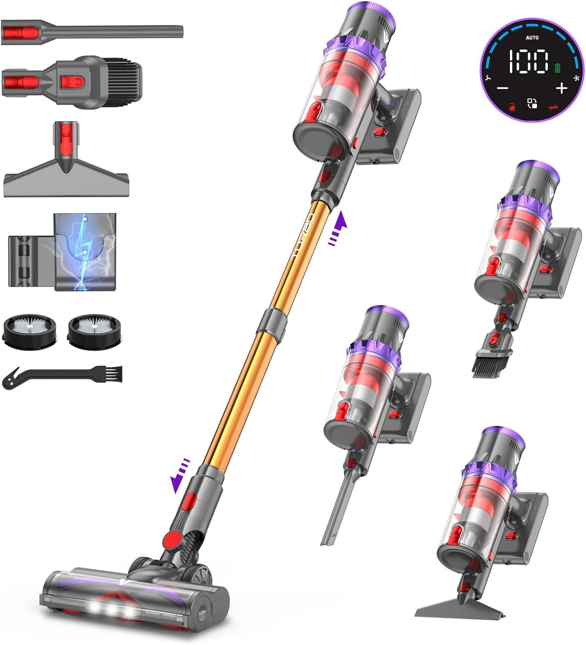 coovy SU7 Aspirateur Balai sans Fil 580W/55Kpa/75Mins, Aspirateur sans Fil Puissant, Chargement Mural, Écrans Tactiles LED, 1,3L Capacité, pour Sols Durs/Tapis/Les Poils d'animaux(Gold)