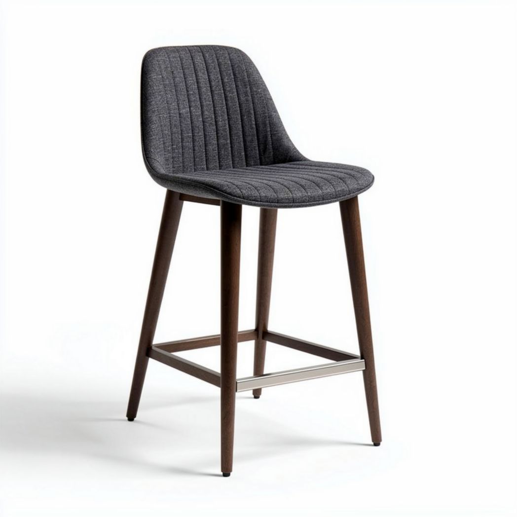 Tabouret de bar en tissu gris avec pieds en bois de 45 x 45 x 100cm