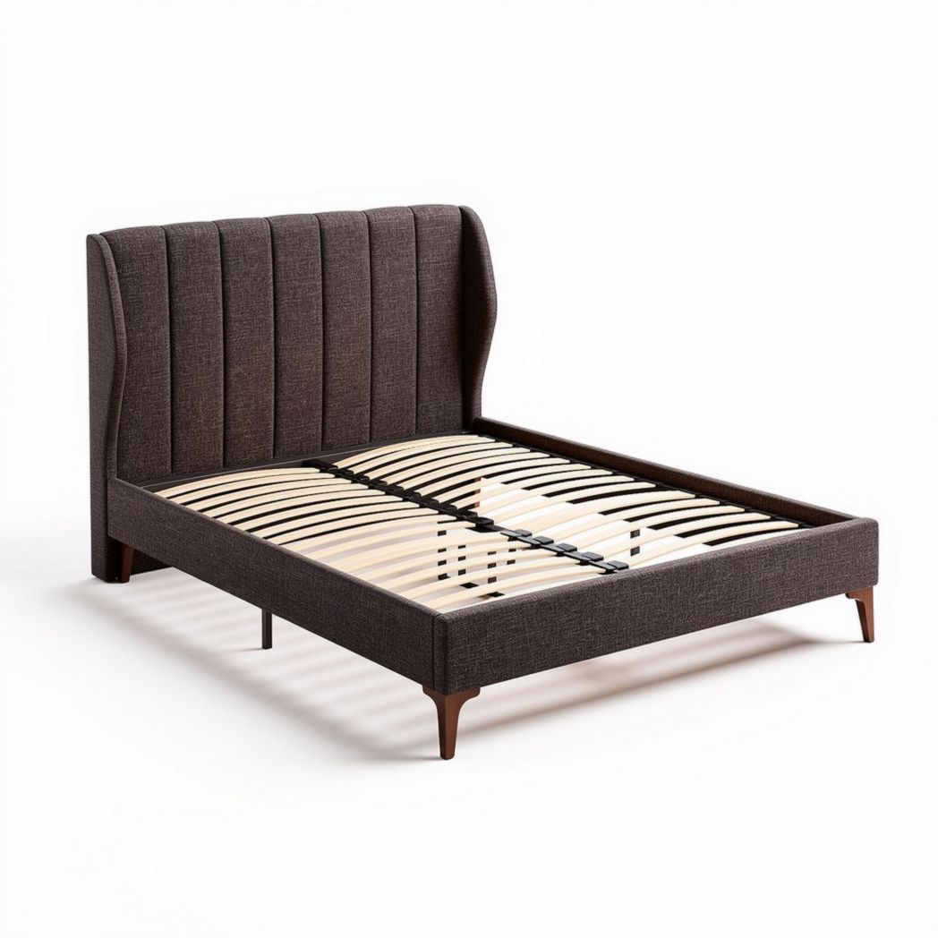 Lit en tissu gris foncé avec sommier en lattes dimensions 200 x 160 x 40cm