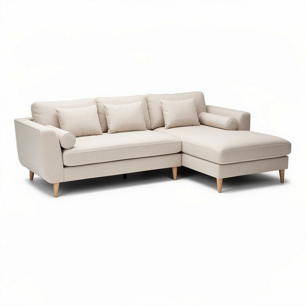 Canapé d'angle en tissu beige avec coussins de 200 x 90 x 85cm