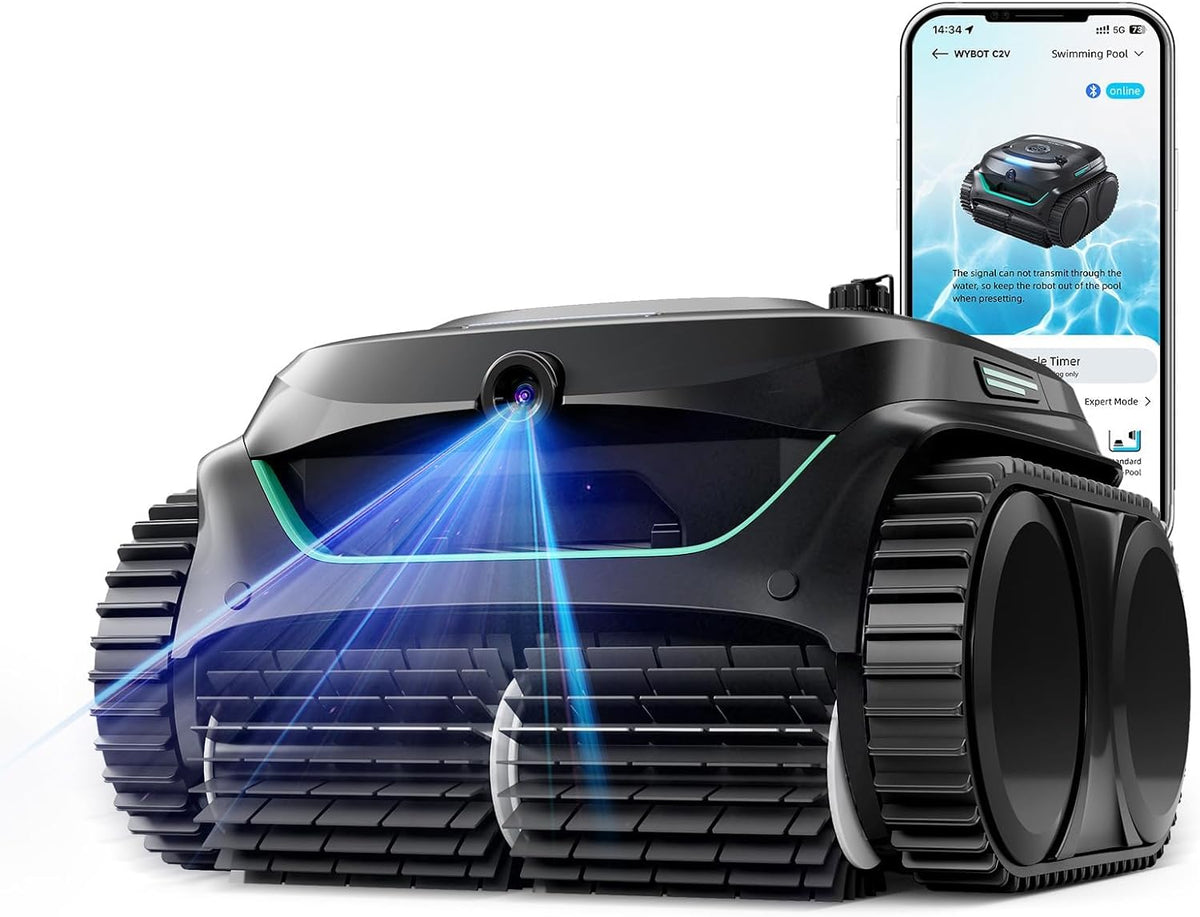 WYBOT C2 Vision AI caméra Robot Piscine sans Fil avec Batterie, Robot de Piscine Sol et Mur, Filtration à Deux Couches, Aspiration puissante, pour piscines enterrées jusqu'à 180㎡(Noir-vert)