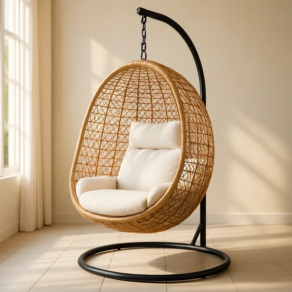 Chaises chaise suspendue en rotin avec coussins beige(Beige/Noir)