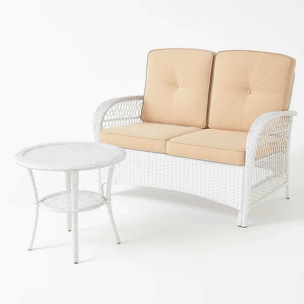 Ensemble de mobilier de jardin en résine tressée blanche avec coussins beige(Blanc/Beige)