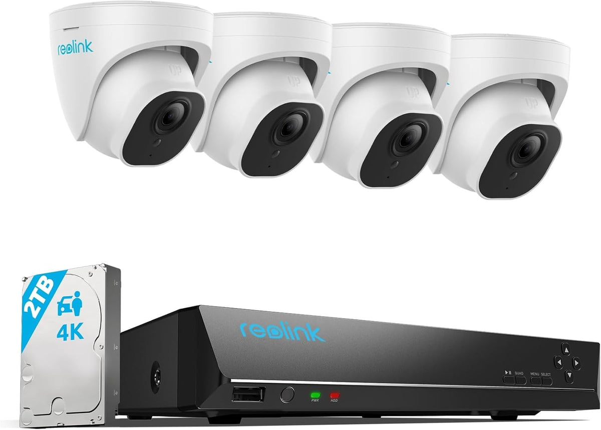 Reolink 4K Caméra de Surveillance Extérieure, Détection de Personne et Véhicule, Kit Vidéo Surveillance avec 8CH 2To NVR et Caméra IP PoE 4X 8MP, 30 Mètres Vision Nocturne avec Audio, RLK8-800D4(Blanc)