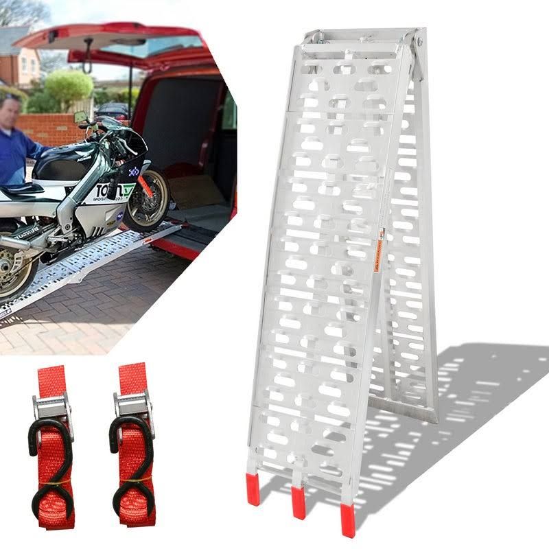 rampe de chargement Aluminium rampe pour fauteuil roulant Antidérapant Pliable pour Véhicules à Moto Jusqu'à 340KG(Argent/Rouge)