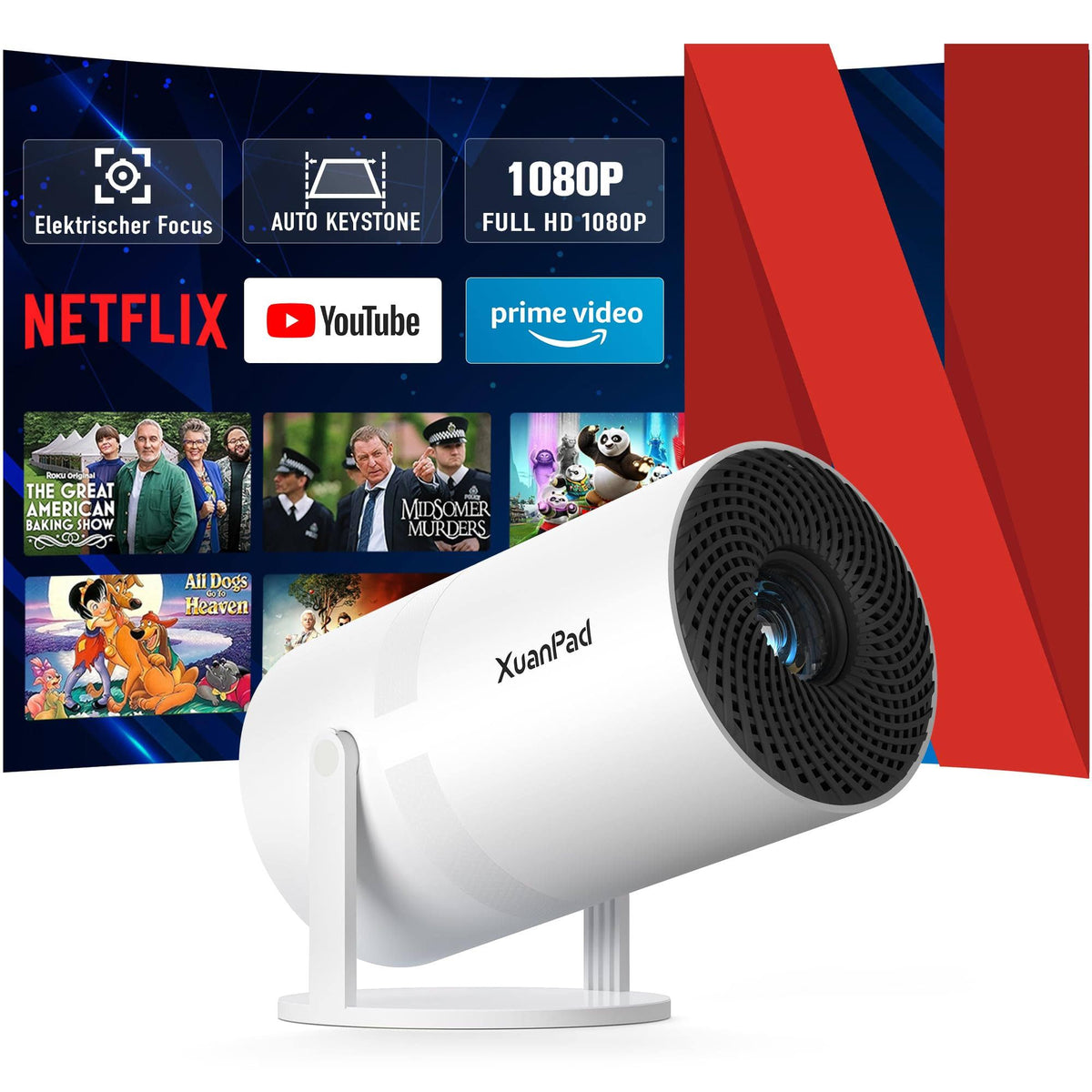 [Official Netflix  Electric Focus] Video Projector, XuanPad Mini Projector with WiFi/Bluetooth, 210° Rotating Base, Trapezoidal Correction,(Blanc/Noir)