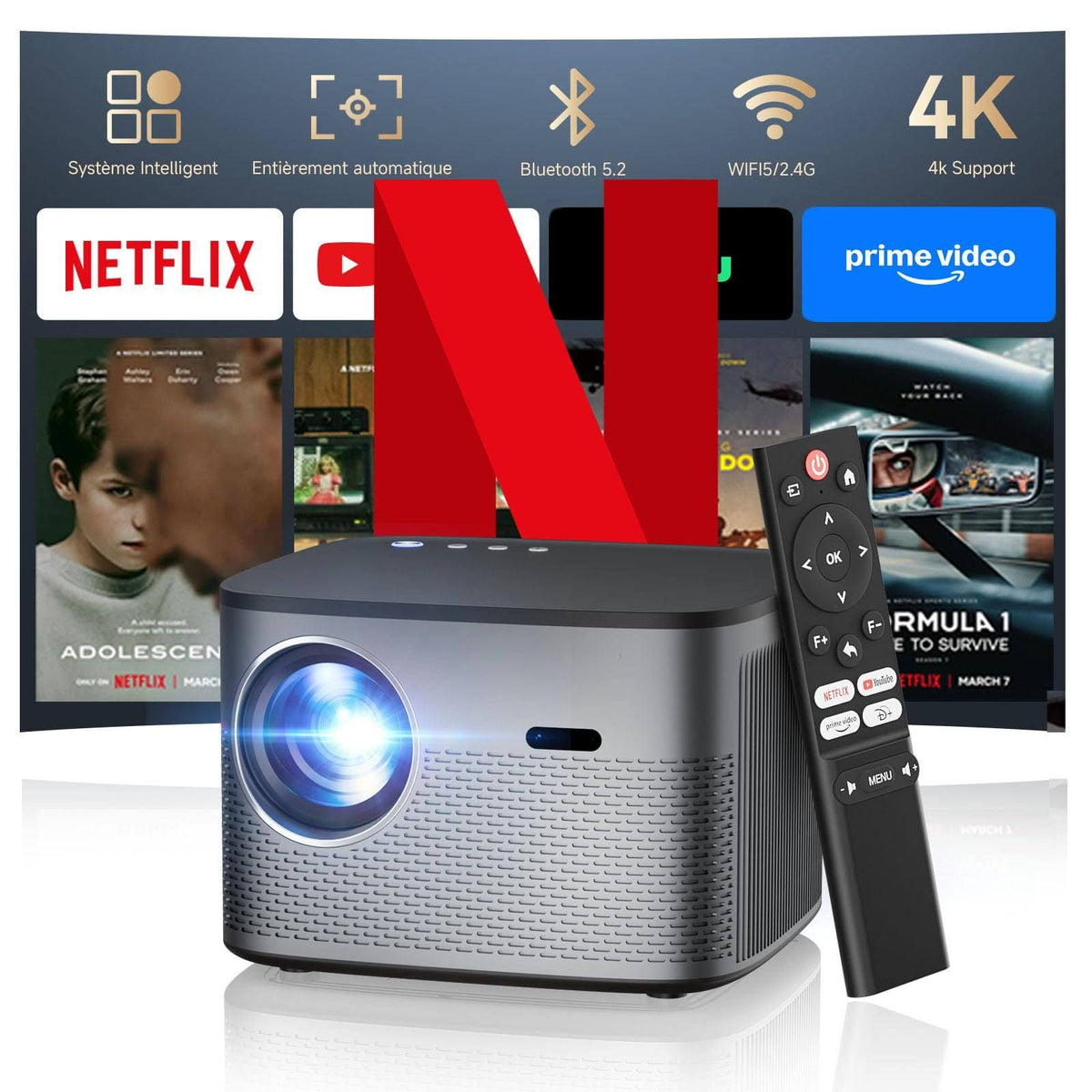 [Netflix Certifié/35000LM] Vidéoprojecteur 4K Android 13.0 Auto Focus/Correction trapézoïdale Vidéoprojecteur Intelligent Full HD 1080P WiFi Bluetooth(Noir/Gris)